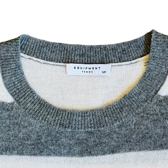 Equipment Women’s Sz S Cashmere Gray White Stripe Crew Neck Sweater Jenny - Picture 4 of 13